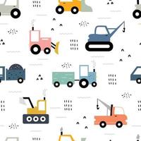 Patrón de vector transparente de vehículo de construcción dibujado a mano con el tractor sobre fondo blanco diseño lindo, estilo de dibujos animados utilizado para impresión, papel tapiz, tela, textil de moda