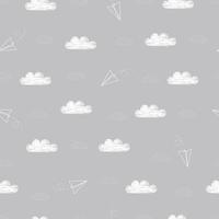 Seamless pattern The sky background with white clouds with a paper airplane folded Cute cartoon style design, used for publication, gift wrapping, textile, vector illustration