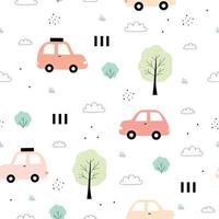 Vector pattern Seamless nature background with cars and trees Cartoon style hand drawn design to use for print, fabric, kids fashion, textiles.