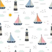 Seamless pattern Sea background with the sailboat and small fish Hand drawn design in cartoon style, use for print, decorative wallpaper, fabric, textiles. Vector illustration
