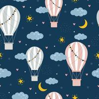 Globo de fondo de dibujos animados de patrones sin fisuras flotando en el cielo con nubes y estrellas diseño dibujado a mano en estilo infantil utilizado para impresión, textiles, ropa infantil vector