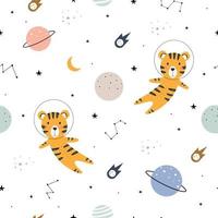 Seamless pattern The tiger floats in the starry space Cute cartoon animal backgrounds used for fabric, textile, wallpaper. Vector illustration