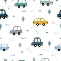 Seamless repeat vector pattern Colorful vintage car background and trees with small grass clumps. Designed for wrapping gifts, textiles, fabrics, publications, wallpapers, vector illustrations.