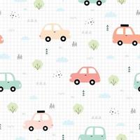 Seamless nature background vector pattern with cars and trees Cartoon style hand drawn design with square grid wallpaper Used for printing fabric, children's fashion, textile