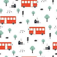 Vehicle background Buses and trees and houses Seamless pattern Hand drawn in a child style. Design. Used for publication, wallpaper, fabric, textiles. Vector illustration