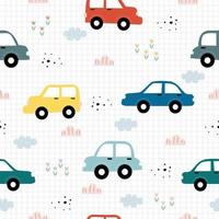 Seamless texture pattern A classic vintage car background with flowers and a square grid as a wallpaper. Design for use in textiles, fabrics, publications, gift wrap Vector illustration