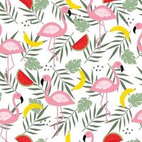 Seamless pattern of flamingo with leaves Cartoon hand drawn animal background in child style Design used for printing, wallpaper, fabric, textile, vector illustration