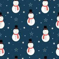 Christmas seamless pattern A snowman and snowflakes on a blue background. Hand drawn design in cartoon style, use for print, celebration wallpaper, fabric, textile. Vector illustration