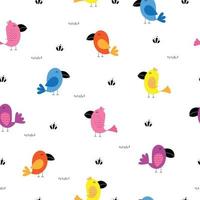 Cute seamless pattern A colorful bird standing beside a clump of grass Cartoon style design on a white background Vector illustration