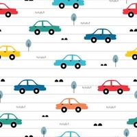 Seamless pattern Colorful vintage car and small trees on a white background with a notebook pattern as wallpaper. Design in cartoon style Used for fabric, textile, vector illustration