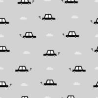 Fondo de coches de época de patrones sin fisuras y humo negro dispuestos al azar sobre un fondo gris Diseño dibujado a mano en estilo de dibujos animados utilizado para tela, textil, ilustración vectorial. vector