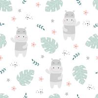 Seamless pattern vector Cute cartoon animal background With hippos and green leaves Hand drawn design in cartoon style Used for printing illustration, wallpaper, fabric, textile, fashion