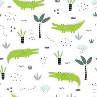 Seamless pattern Cartoon background with crocodile and trees Hand drawn design in kid style, use for print, wallpaper, fabric, textile. Vector illustration