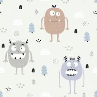 monstruo de patrones sin fisuras lindo monstruo fondo de dibujos animados diseño dibujado a mano en estilo infantil, uso para tela, textil, impresión, papel tapiz. ilustración vectorial vector