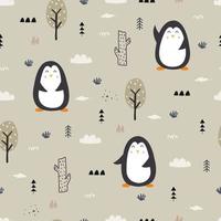 Seamless vector Penguin pattern standing in the meadow with the trees Used for cloth, fashion, textiles