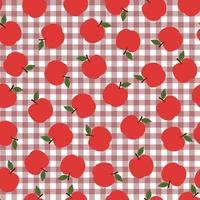 Manzanas rojas de patrones sin fisuras colocadas en un diseño de estilo de dibujos animados de fondo a cuadros, uso para papel tapiz, mantel, ilustración vectorial textil vector