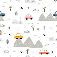 Seamless pattern A car with a mountain on a white background Hand drawn design in cartoon style, use for print, wallpaper, fabric, textile. Vector illustration