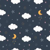 Seamless pattern Night sky with crescent moon and white clouds Hand drawn design in cartoon style, use for print, gift wrapping paper, textiles. Vector illustration