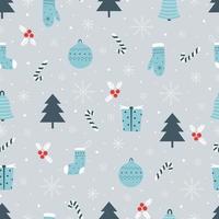 Fondo de Navidad de patrones sin fisuras con regalos y diseño dibujado a mano de árbol de Navidad en estilo de dibujos animados, uso para impresión, papel tapiz de celebración, tela, textiles. ilustración vectorial vector