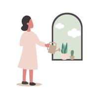 la mujer se puso de pie, regando las flores y los cactus de la ventana y mirando por la ventana para ver el cielo. el concepto de vida se limitó al hogar durante el brote del virus coronario covid-19. vector