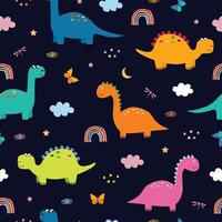 Dinosaurs and clouds in the sky Seamless pattern cute cartoon animal background Hand drawn in child style Design, used for printing, wallpaper, fabric, textile Vector illustration