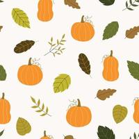 Vector pattern Seamless background orange pumpkins with autumn leaves Hand drawn design suitable for print, wallpaper.