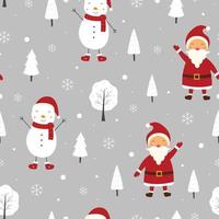 Fondo de Navidad de patrones sin fisuras tiene santa claus con muñecos de nieve y pinos diseño dibujado a mano en estilo de dibujos animados, uso para impresión, papel tapiz de celebración, tela, textil. ilustración vectorial vector