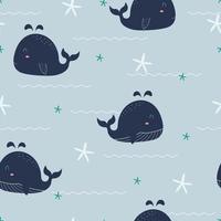 Cute seamless pattern Whale float in the sea with starfish and water waves. Hand painted cartoon animal character background Used for fabric, textile, fashion, vector illustration.