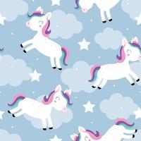 Seamless pattern Unicorn horse floating in the sky with clouds and star. Cute design Comic style in a fairy tale. Used for publication, clothing, fashion, textiles, vector illustration.