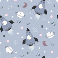 Space background illustration with rocket and stars Seamless vector pattern hand drawn in cartoon style used for print, wallpaper, decoration, fabric, textile.