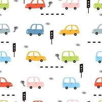 Seamless pattern Colorful vintage car background and traffic sign Cute design hand-drawn in cartoon style Used for publication, gift wrapping, textile, fabric, vector illustration.