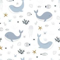 Blue whale and marine life Seamless pattern The design used for Fabric pattern, textile, print, wallpaper, wrapping paper vector illustration on white background