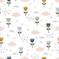 Seamless pattern Nature Background Flowers And Clouds Hand drawn design in cartoon style Used for textiles, fashion prints, wallpapers, vector illustrations