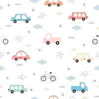 Coche y bicicleta de época de patrones sin fisuras y con nubes sobre un fondo blanco diseño lindo en estilo de dibujos animados utilizado para tela, textil, moda, papel de regalo, ilustración vectorial vector