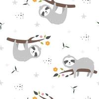 Seamless pattern for children Sloth cartoon character perched on a branch Hand drawn cute animal background in child style Vector illustration used for fabric pattern, textile, publication