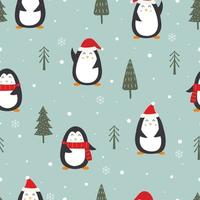 Christmas seamless pattern With penguins and pine trees on blue background Hand drawn design in cartoon style, use for print, celebration wallpaper, fabric, textile. Vector illustration