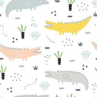 Fondo de dibujos animados de patrones sin fisuras con diseño dibujado a mano de cocodrilo en estilo infantil utilizado para impresión, papel tapiz, tela, textiles ilustración vectorial vector