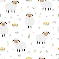 Fondo de animales de dibujos animados de patrones sin fisuras con ovejas en campo de flores diseño dibujado a mano en estilo infantil utilizado para tela de patrón, textil, papel tapiz. ilustración vectorial vector