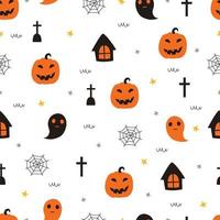 Seamless pattern Halloween background with pumpkins and ghosts Hand drawn design in cartoon style used for print, wallpapers, fabrics Fashion, Textiles Vector illustration