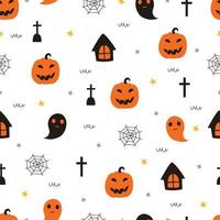 Fondo de halloween de patrones sin fisuras con calabazas y fantasmas diseño dibujado a mano en estilo de dibujos animados utilizado para impresión, fondos de pantalla, moda de telas, ilustración vectorial de textiles vector