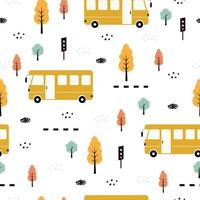 Bus and tree seamless pattern Vehicle background Hand drawn in a child style. Design. Used for publication, wallpaper, fabric, textiles. Vector illustration