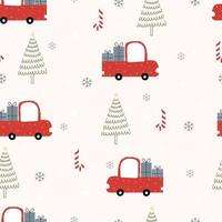 Seamless pattern Christmas background with the red car with gifts and a Christmas tree. Hand drawn design in cartoon style, use for print, celebration wallpaper, fabric, textiles. Vector illustration