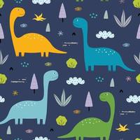 Dinosaurs and trees in the forest Seamless pattern cute cartoon animal background hand drawn in kid style The design used for Print, wallpaper, fabric, textile Vector illustration