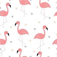 Seamless pattern cute cartoon animal background with pink flamingo and heart icon with hand-drawn flowers Design ideas for publication, textile, vector illustration.