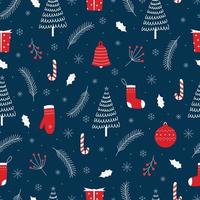 Fondo de Navidad de patrones sin fisuras con regalos y diseño dibujado a mano de árbol de Navidad en estilo de dibujos animados, uso para impresión, papel tapiz de celebración, tela, textiles. ilustración vectorial vector