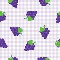 Seamless pattern A bunch of purple grapes placed on a plaid background Cartoon style design, use for printing, wallpaper, tablecloth, textile Vector illustration