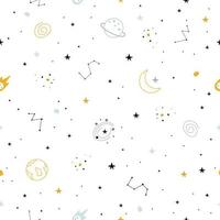 Fondo de espacio de patrón de vector de repetición perfecta con estrellas, constelaciones y planetas ideas de diseño utilizadas para textiles, ropa para niños, publicaciones, papel de regalo