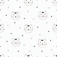 Seamless vector pattern Cute animal cartoon background with cat face Hand drawn design in kid style and with square grid as wallpaper. Used for fabrics, textiles, wallpapers