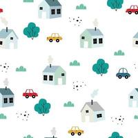 Rural village background Hand drew the seamless pattern with a small house with cars and trees Creative texture design for textiles, fabrics, publications, vector illustrations