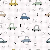 Fondo de coche vintage de patrones sin fisuras con fondo de cuadrícula cuadrada Diseño dibujado a mano en estilo de dibujos animados utilizado para telas de patrón, textiles, ilustración vectorial. vector